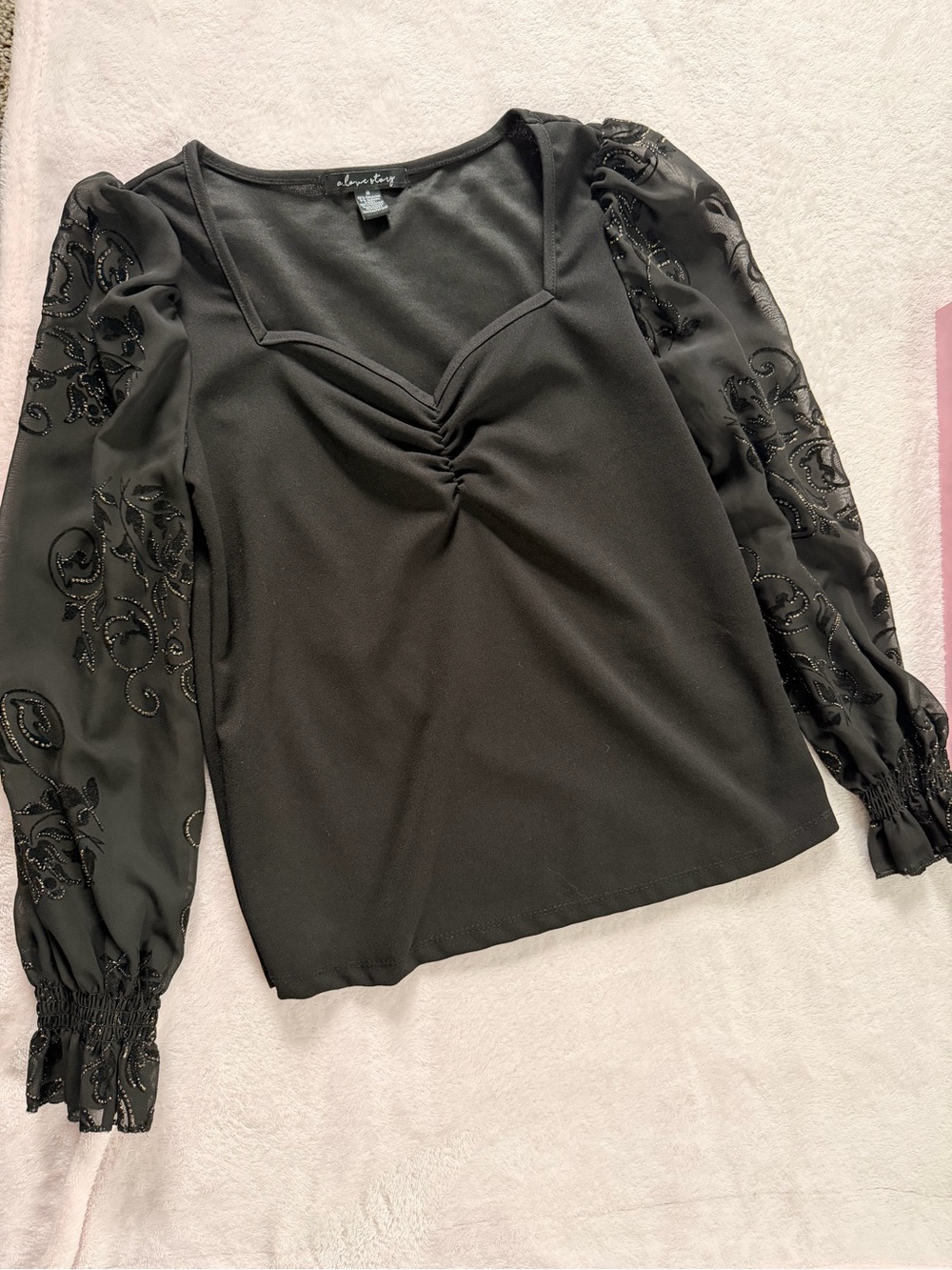 A love story Black Sheer Beaded Puff-Sleeve Blouse